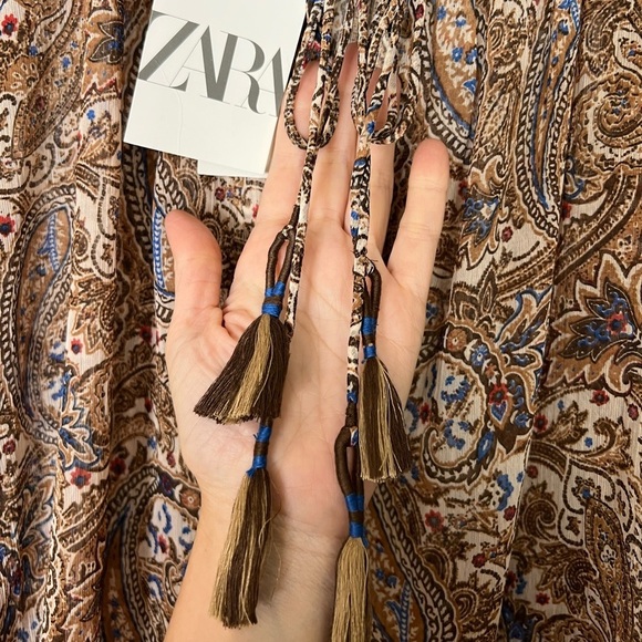 Zara Women Size M Blouse V Neck Long Sleeve Ruffle Sheer Top Paisley Tassel - Picture 13 of 14